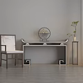 Modern Chinese Console Table With Circular Stone Ornament Wooden Chair And Small Potted Plant