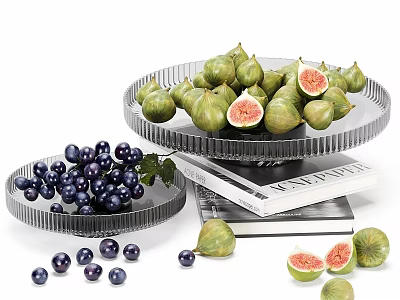 Fresh Ripe Figs and Purple Grapes on Transparent Glass Plates with Books Underneath 3d model