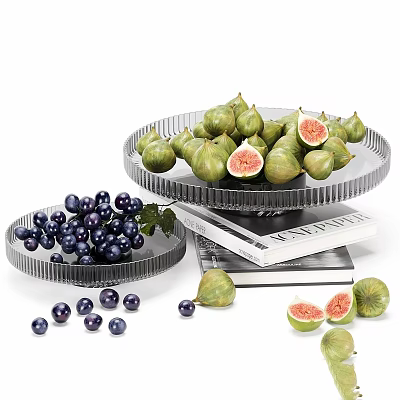 Fresh Ripe Figs and Purple Grapes on Transparent Glass Plates with Books Underneath 3d model