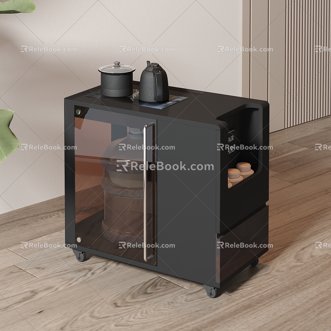 Tea Cabinet Side Cabinet Side Table Kettle Grocery Cabinet Cabinet Modern Simple Bucket Tea Set Glass Universal Wheel Wood Floor Antique Plate 3d model