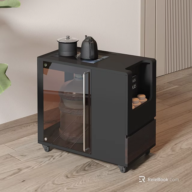 Black Sideboard with Glass Door Rolling Wheels and Top Appliances for Kitchen Storage 3d model 
