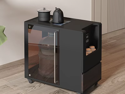 Black Sideboard with Glass Door Rolling Wheels and Top Appliances for Kitchen Storage 3d model