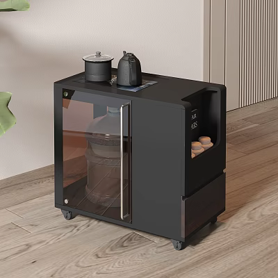 Black Sideboard with Glass Door Rolling Wheels and Top Appliances for Kitchen Storage 3d model