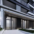 Modern Building Entrance Gate With Metal Grilles Green Plants And Stone Pavement