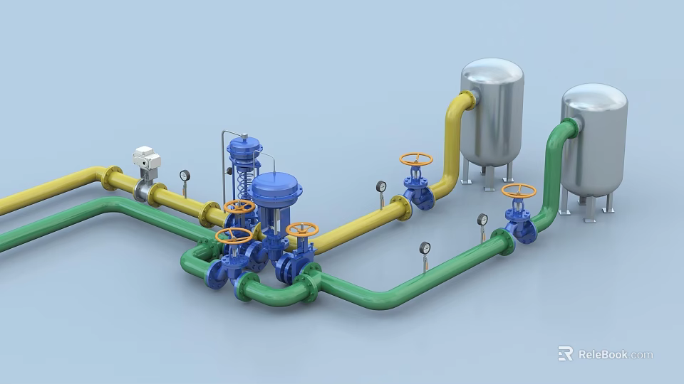 Industrial Equipment System with Green Yellow Pipes Blue Valves and Silver Tanks 3d model 