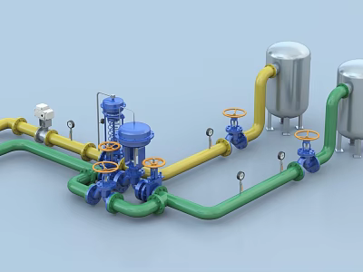 Industrial Equipment System with Green Yellow Pipes Blue Valves and Silver Tanks 3d model