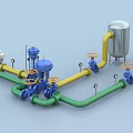Industrial Equipment System with Green Yellow Pipes Blue Valves and Silver Tanks