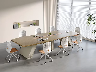 Modern Conference Table with Ergonomic Chairs in Bright Office Space with Window Blinds 3d model
