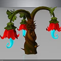 Unique Fantasy Plant with Twisted Trunk Spiked Red Flowers Green Leaves and Blue Curled Tips