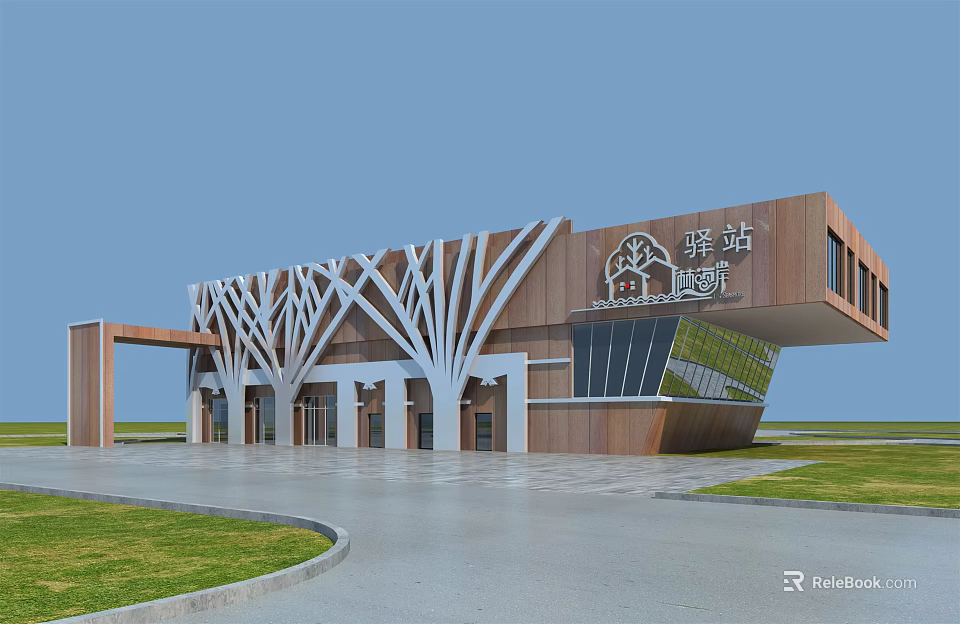Modern Visitor Center Architecture With Branch Like Structure Wooden Metal Glass Windows And Green Lawn 3d model 