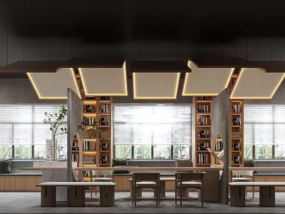 Elegant Book Art Space With Wooden Bookshelves And Reading Tables 3d model