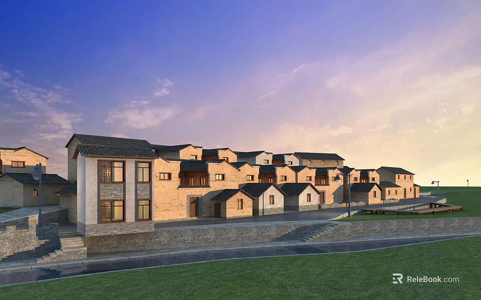 Traditional Village Houses With Tiled Roofs And Grassy Areas Under Blue Sky 3d model 