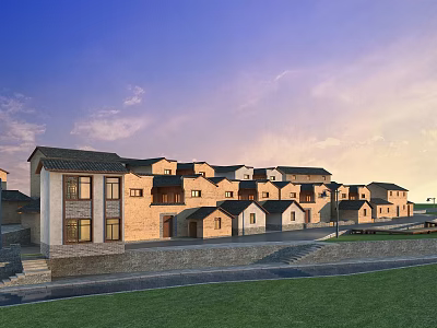 Traditional Village Houses With Tiled Roofs And Grassy Areas Under Blue Sky 3d model