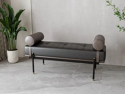 Modern Leather Bench With Round Armrests And Metal Legs Near Green Plant On Gray Floor 3d model