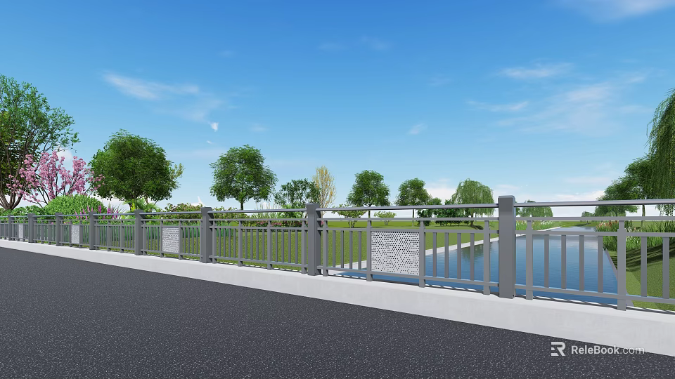 Serene Garden Landscape With Blue Sky White Clouds Railing Water Area And Green Trees 3d model 