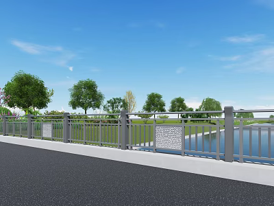 Serene Garden Landscape With Blue Sky White Clouds Railing Water Area And Green Trees 3d model