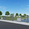 Serene Garden Landscape With Blue Sky White Clouds Railing Water Area And Green Trees