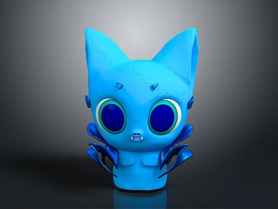 Cute Blue Cat Like Cartoon Character With Big Eyes And Decorative Wing Like Structures 3d model