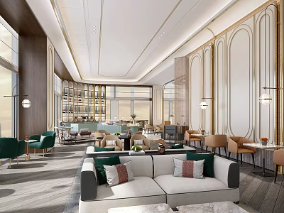 Luxurious Modern Hotel Lobby Interior Design With Sofas Chandeliers Decorative Walls And Floor-to-ceiling Windows 3d model