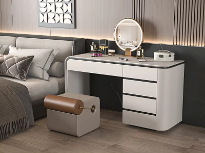 Modern White Dressing Table With Round Mirror Drawers And Cosmetics In Elegant Bedroom Interior 3d model