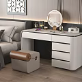 Modern White Dressing Table With Round Mirror Drawers And Cosmetics In Elegant Bedroom Interior