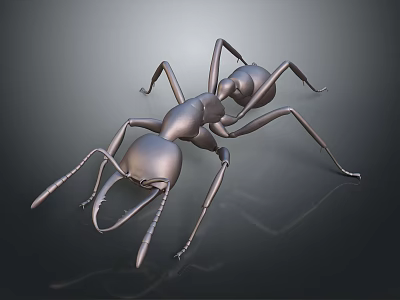 Realistic Metallic Ant Sculpture Detailed 3D Model With Shiny Surface On Dark Background 3d model