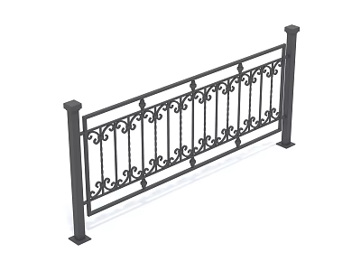 Ornate Black Wrought Iron Fence With Decorative Metal Railings And Posts 3d model