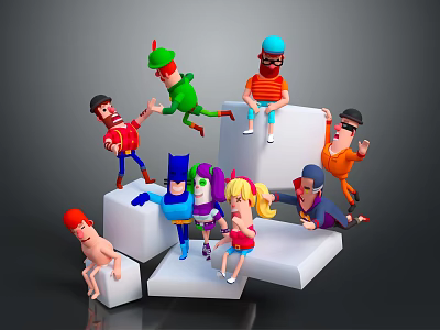 Multiple Cartoon Characters Interacting On White Geometric Blocks With Various Poses 3d model