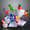 Multiple Cartoon Characters Interacting On White Geometric Blocks With Various Poses