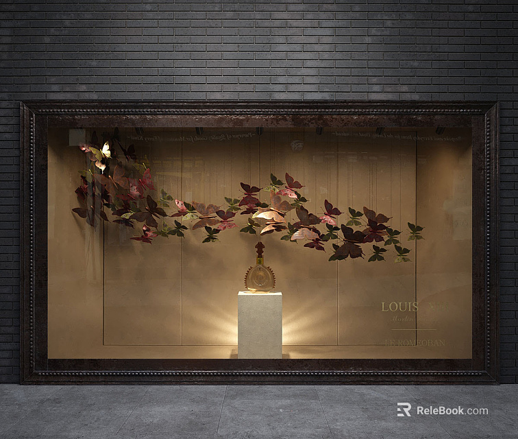 Shop Window with Dark Brick Wall Hanging Red Leaves White Pedestal Brown Bottle LOUIS Lettering 3d model 