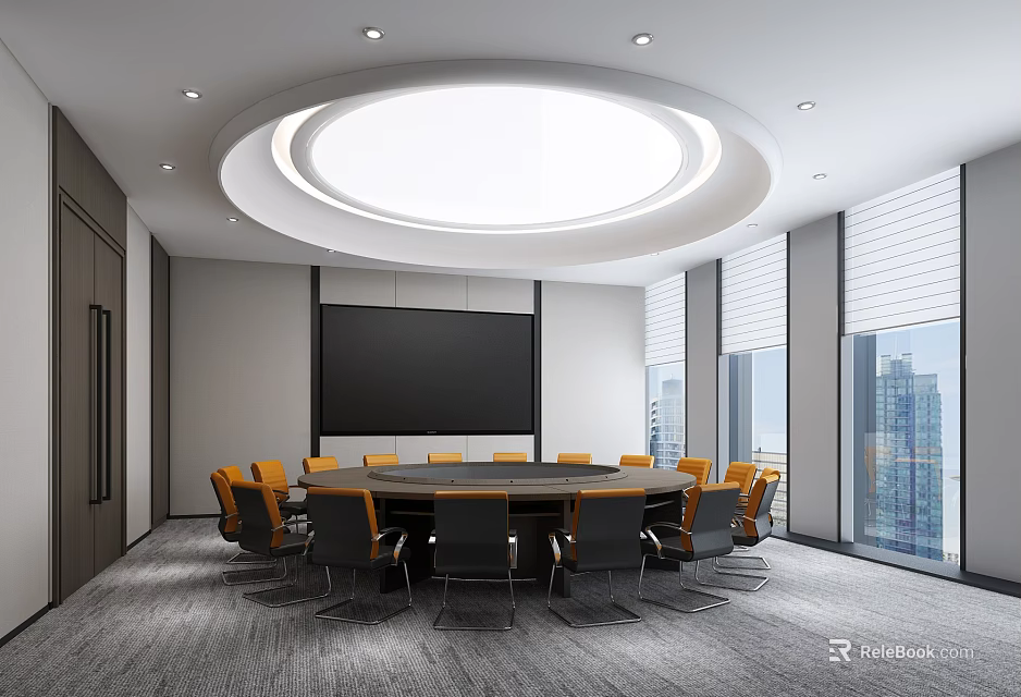 Modern Conference Room Interior Design With Round Table Chairs And Large Projector Screen 3d model 