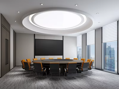 Modern Conference Room Interior Design With Round Table Chairs And Large Projector Screen 3d model