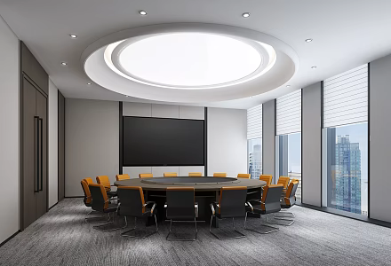 Round Meeting Room Round Conference Table Oval Conference Table Office Chair TV Blinds Curtain Spotlight Track Lamp Magnetic Lamp Carpet 3d model
