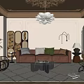 Elegant Modern Living Room with Ornate Ceiling White Chandelier Brown Sofa and Pink Walls