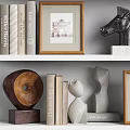 Decorative Ornament Set with Wooden Sculpture Horse Figurines Photo Frames Books and Vases on Shelf