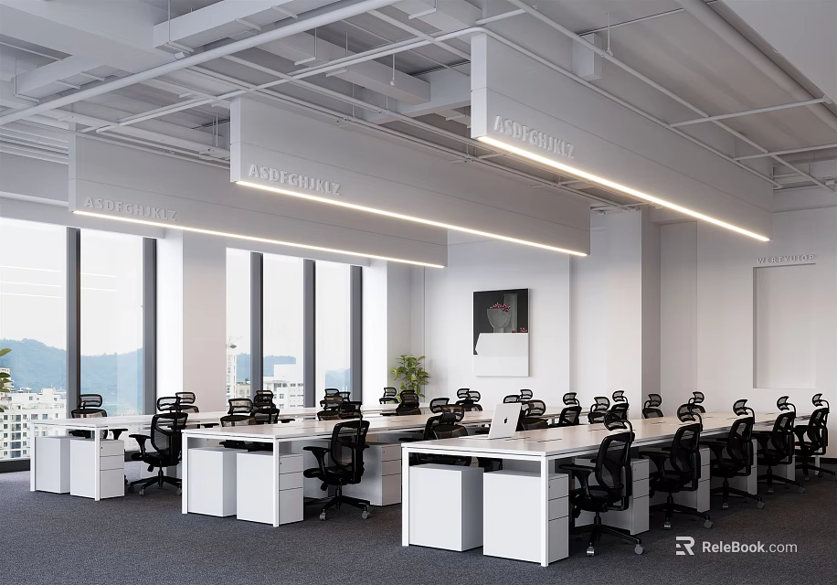 Modern Public Office Interior Design With White Desks Black Chairs Large Windows And Suspended Lights 3d model 