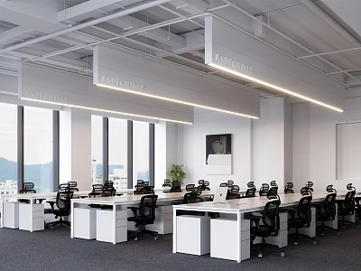 Modern Public Office Interior Design With White Desks Black Chairs Large Windows And Suspended Lights 3d model