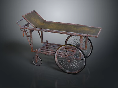 Vintage Rusty Handcart With Metal Structure Wooden Flatbed And Large Spoked Wheels 3d model