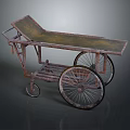 Vintage Rusty Handcart With Metal Structure Wooden Flatbed And Large Spoked Wheels