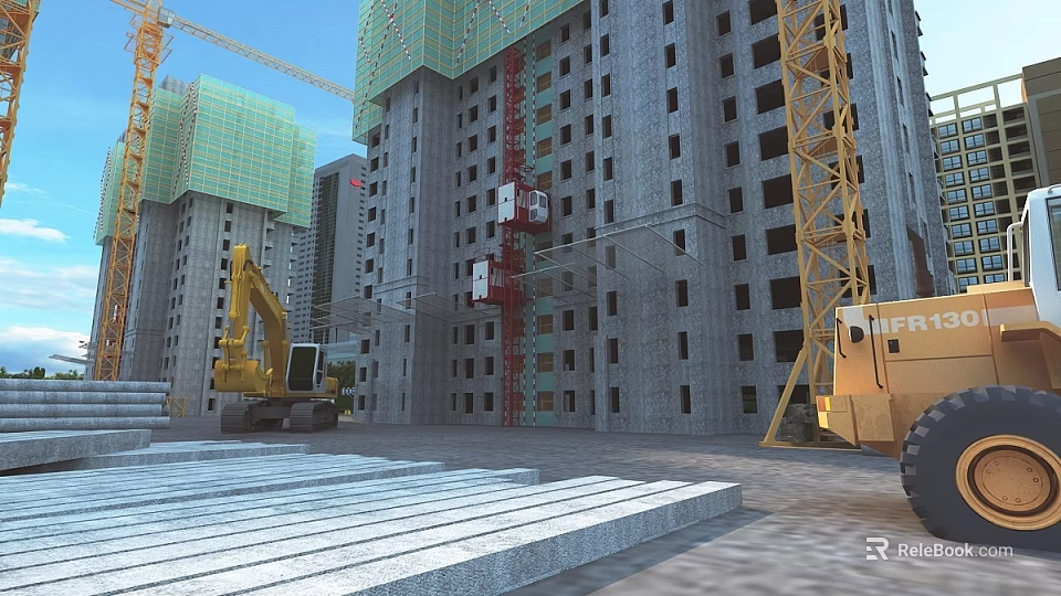 Aerial Planning of Construction Site with High Rise Buildings Cranes and Excavator 3d model 