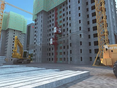 Aerial Planning of Construction Site with High Rise Buildings Cranes and Excavator 3d model