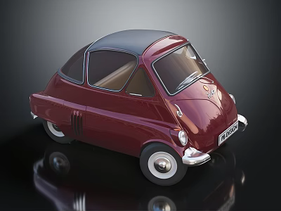 Vintage Red Retro Car With Black Roof Curved Body And Chrome Accents 3d model