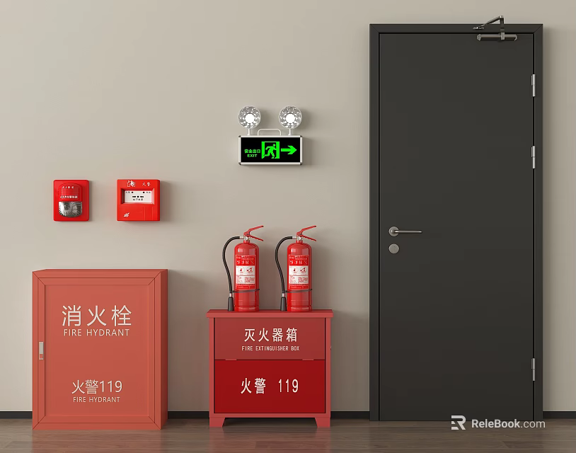 Fire Safety Equipment Setup With Hydrant Cabinet Extinguishers And Exit Sign Near Black Door 3d model 