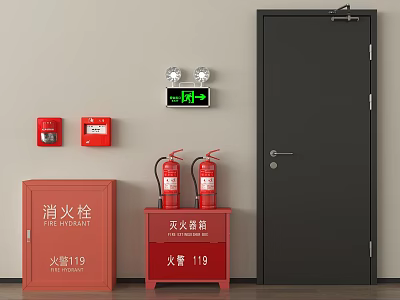 Fire Safety Equipment Setup With Hydrant Cabinet Extinguishers And Exit Sign Near Black Door 3d model
