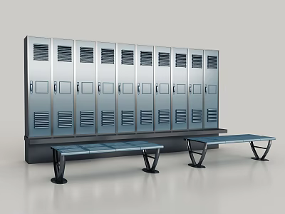Sleek Modern Metal Locker Doors With Ventilated Compartments And Attached Benches 3d model