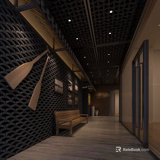 Elegant Hotel Corridor With Wooden Bench Paddle Decor And Patterned Wall Design 3d model