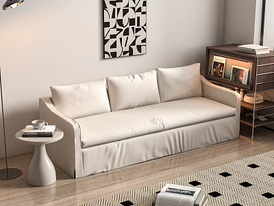Three-Seater Beige Sofa With Side Table Black White Geometric Wall Art Floor Lamp And Rug 3d model