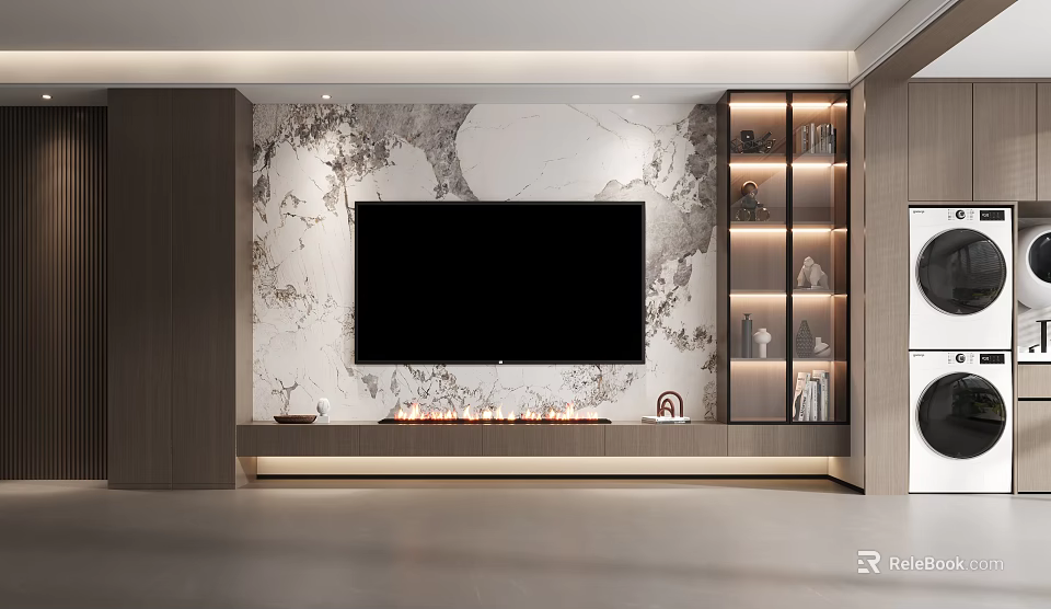 Modern TV Wall With Marble Fireplace And Illuminated Cabinets 3d model 