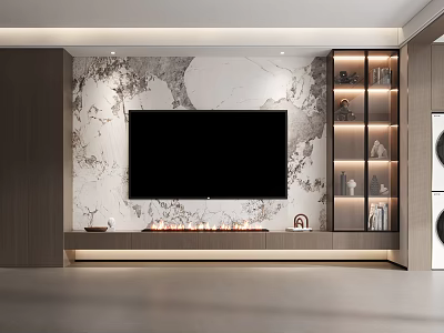 Modern TV Wall With Marble Fireplace And Illuminated Cabinets 3d model