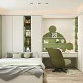 Modern Tatami Bedroom Interior With Tatami Bed Desk Green Chair White Wardrobes And Wooden Floor